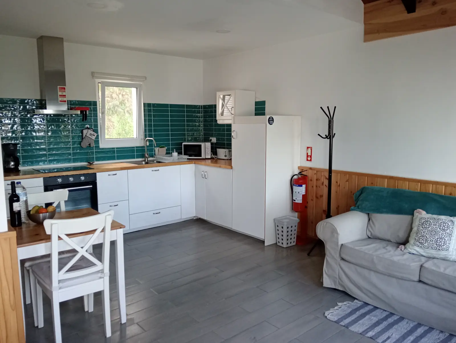 Offener Wohnbereich mit Sofa und Küchenzeile